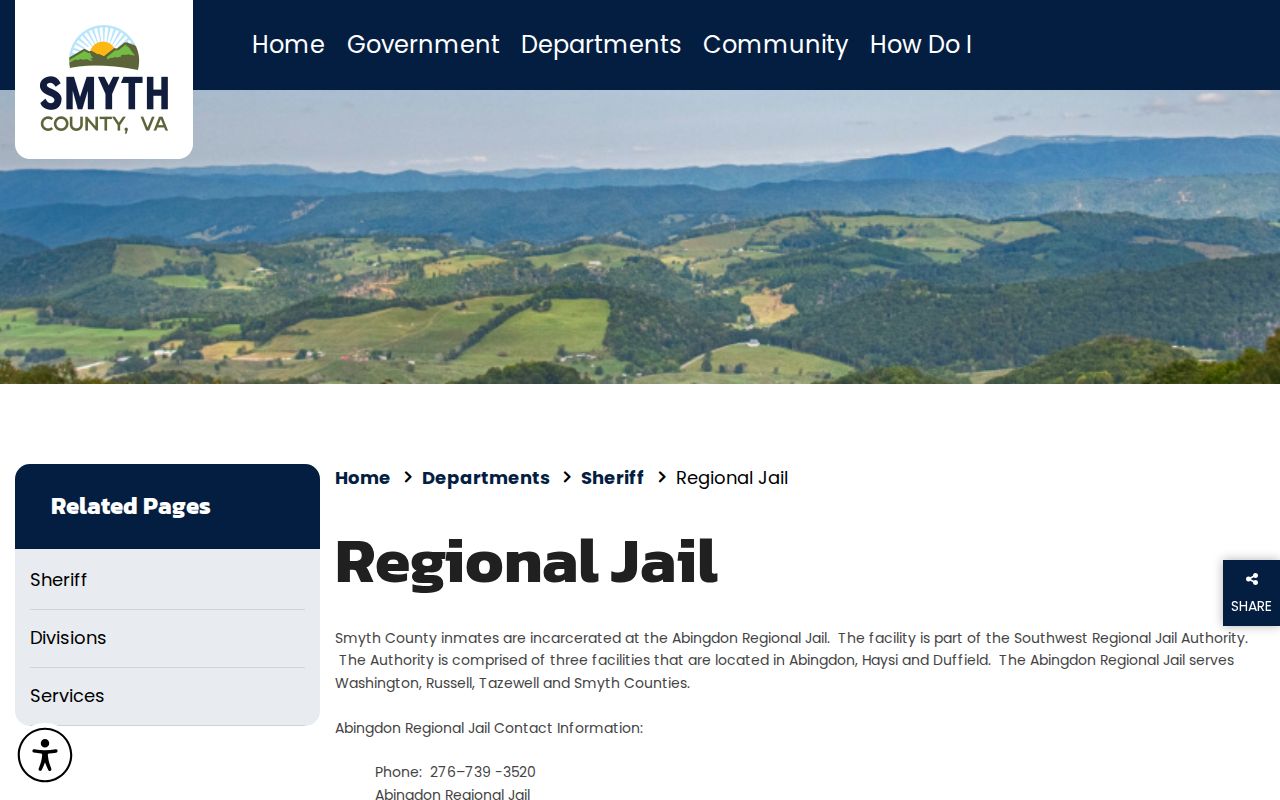 Smyth County page identifying Abingdon Regional Jail and its contact block