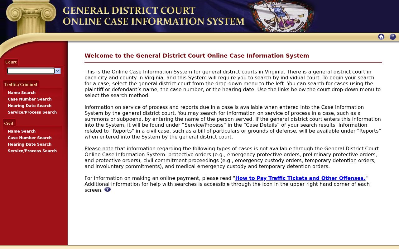 Virginia General District Court interface for choosing a court and search mode