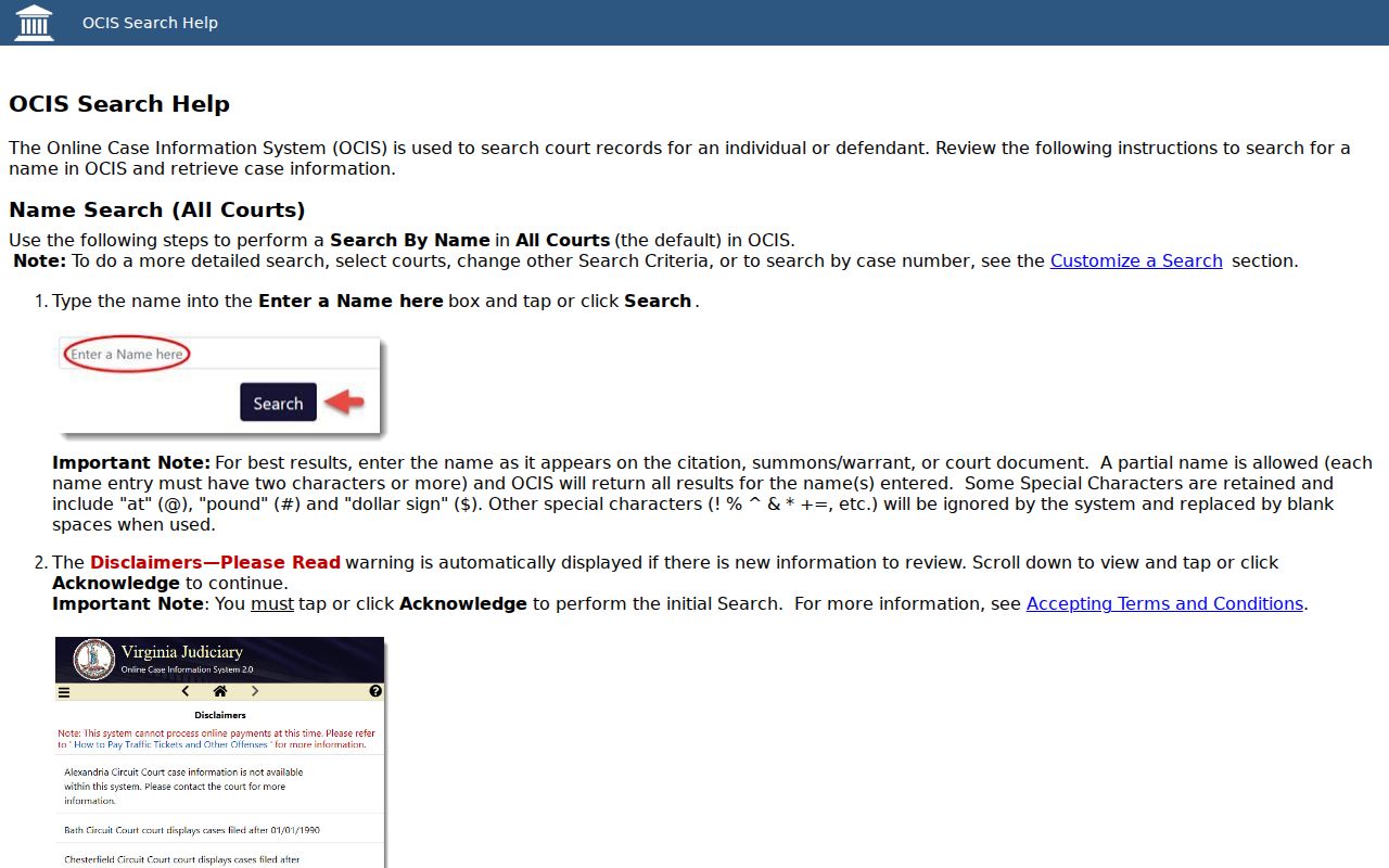 Virginia OCIS search help showing name and court search guidance