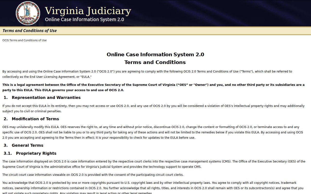 Virginia OCIS terms and case-search notice