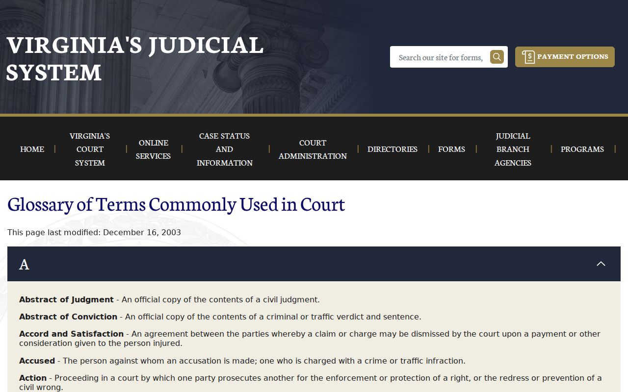 Virginia court glossary defining capias, bail, and warrant terms