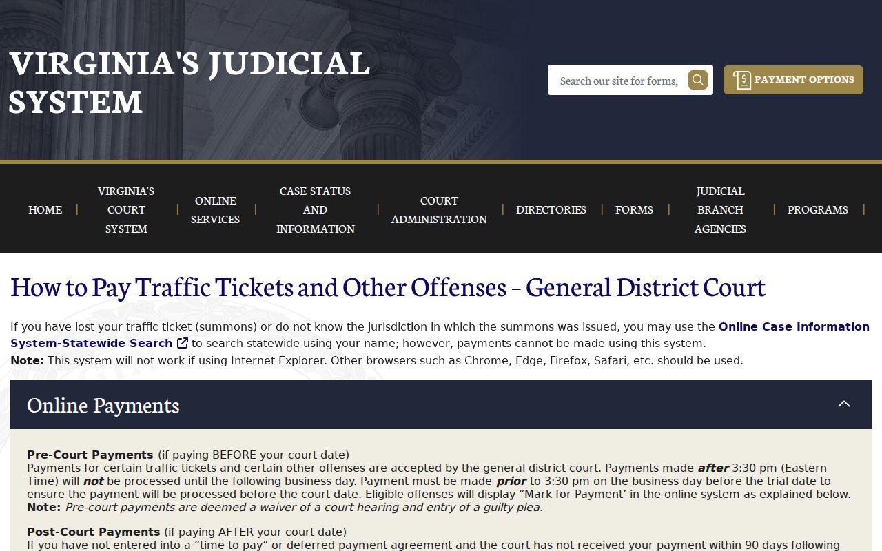 Virginia traffic case search and payment instructions