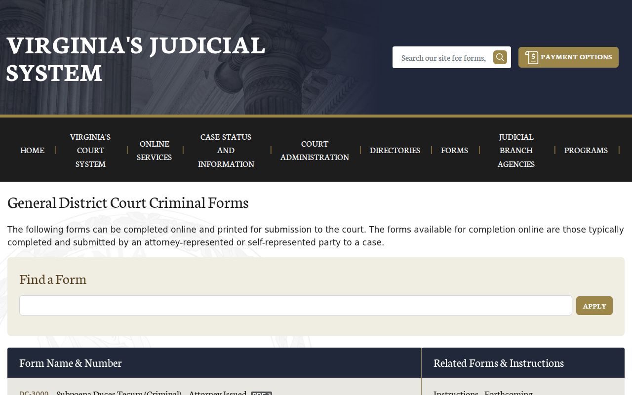 Virginia district court criminal forms index including recall and capias forms