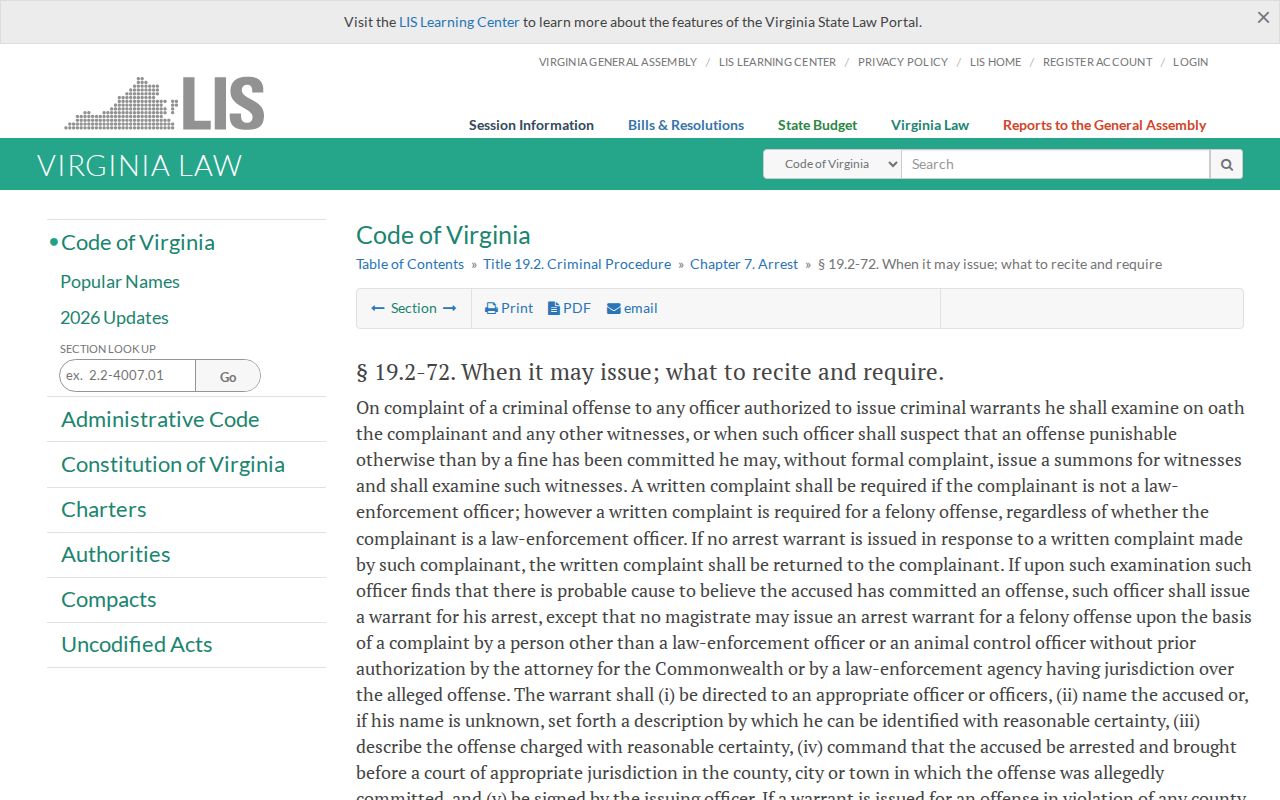 Virginia Code section describing arrest warrant probable-cause and document requirements