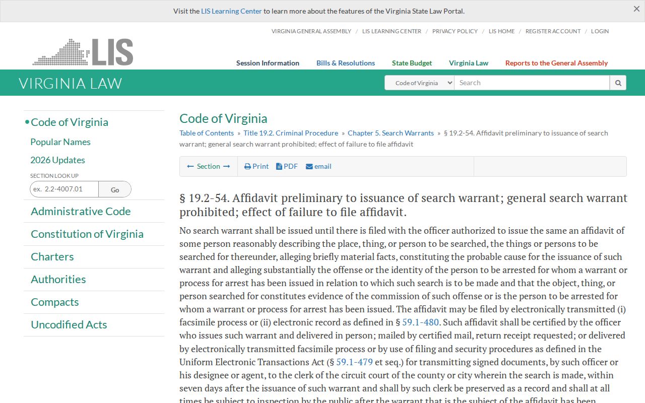 Virginia Code search-warrant affidavit filing and public access section
