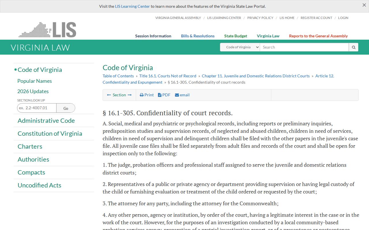 Virginia statute panel describing confidentiality of juvenile court records