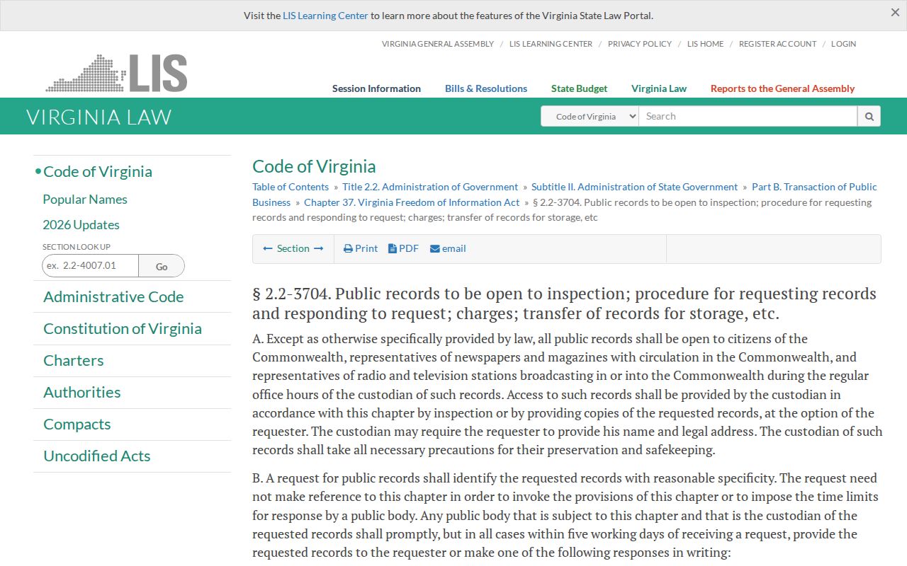 Virginia FOIA statute text about public-record requests and response timing