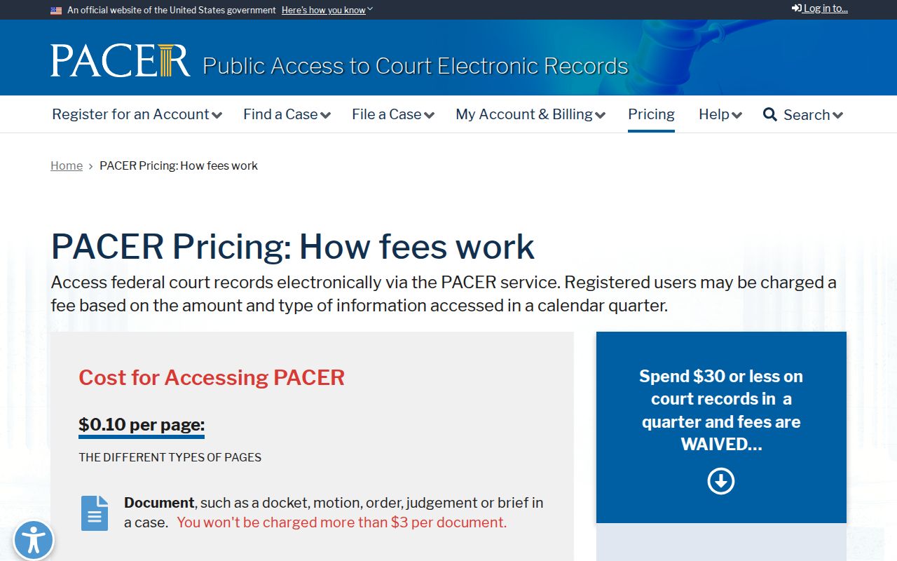 PACER page explaining access to federal case records and fee information